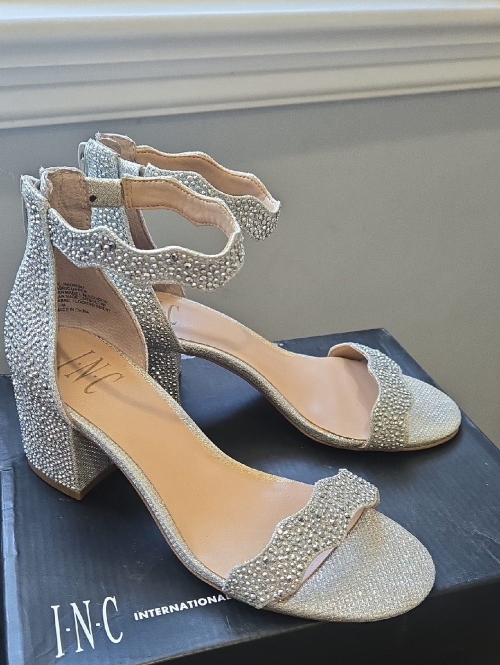 INC International Concepts Silver Crystal Block Heel Sandals